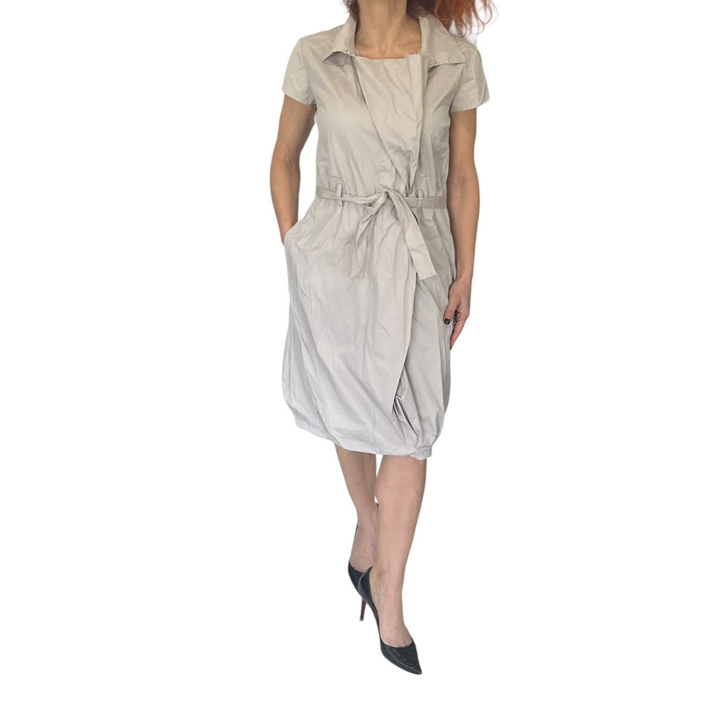 CELINE KHAKI BEIGE COTTON CAP SLEEVE BELTED COLLARED STRETCH SHIRT DRESS 38 6